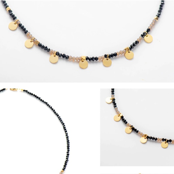 Stainless Steel Disc Pendant Crystal Gold Necklace - Picture 5 of 8